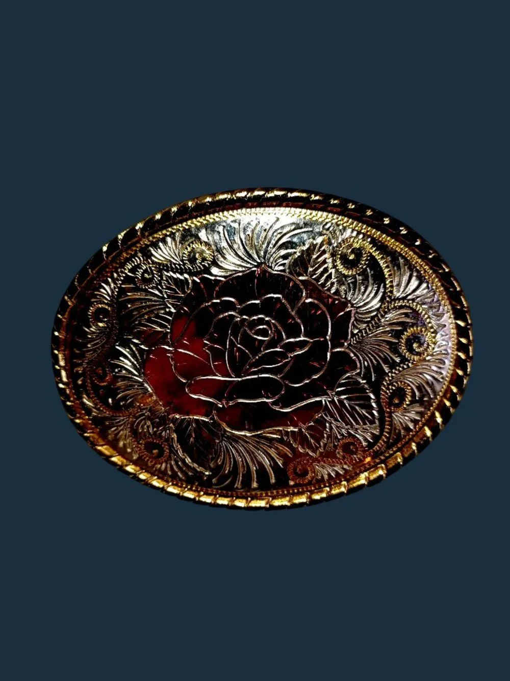 Western Belt Buckle Silver & Gold Rose Flower W Logo Made in USA Oval Womens